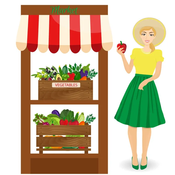 Angestellte eines Lebensmittelgeschäfts, die vor einer Gemüseabteilung steht. Mitarbeiterin eines Lebensmittelgeschäfts hält Pfeffer in der Hand. — Stockvektor