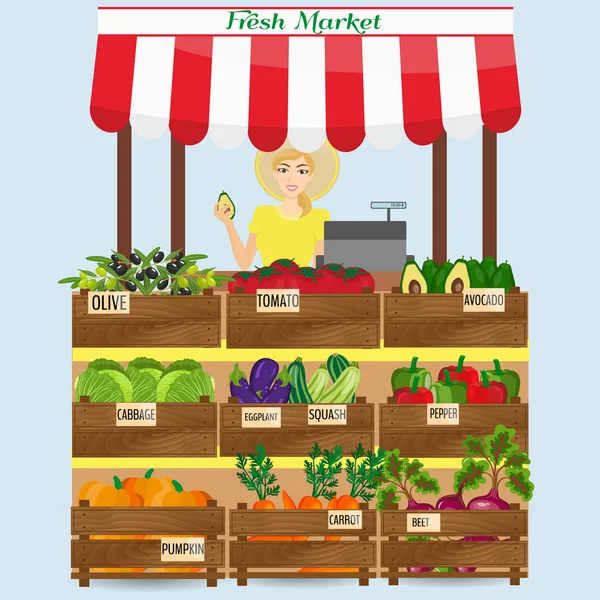 Helyi növényi istálló. Farmer nő termék boltos. — Stock Vector
