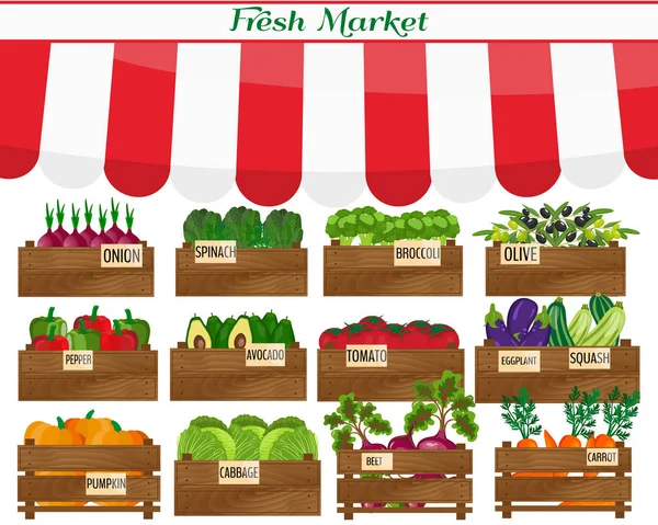Puesto de verduras local. Tienda de productos alimenticios orgánicos frescos en estantes. .. Cartel exposición agricultura . — Vector de stock