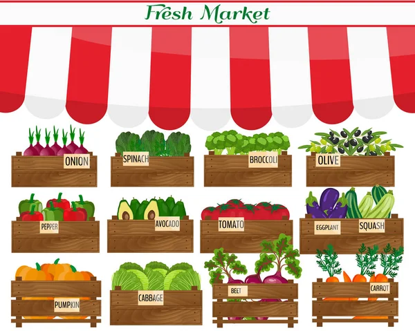 Местная овощная лавка. Магазин свежих органических продуктов питания на полках. - Да. Плакат сельскохозяйственной выставки . — стоковый вектор