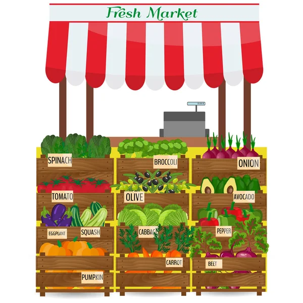 Local vegetable stall. Fresh organic food products shop on shelves. . Agriculture exhibition poster. — Stock Vector