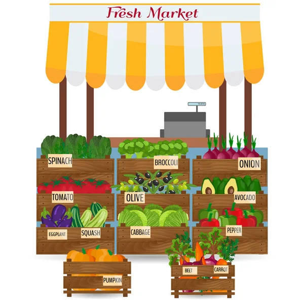 Una bancarella di verdure locale. Negozio di prodotti alimentari biologici freschi sugli scaffali. . Manifesto della mostra Agricoltura . — Vettoriale Stock