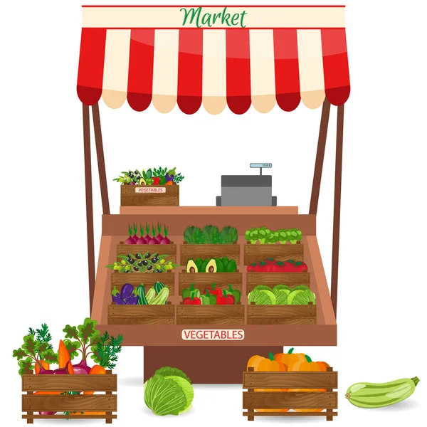 Puesto de verduras local. Tienda de productos alimenticios orgánicos frescos en estantes. .. Cartel exposición agricultura . — Vector de stock