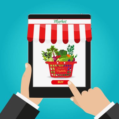 Mobil tablet tutarak ve ekran dokunaklı el. Yiyecek sipariş. Şimdi, yemek sipariş düğmesini satın alın. Online alışverişe. E-ticaret kavramı.