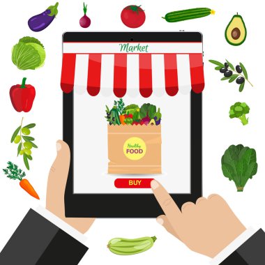 Mobil tablet tutarak ve ekran dokunaklı el. Yiyecek sipariş. Şimdi, yemek sipariş düğmesini satın alın. Online alışverişe. E-ticaret kavramı.