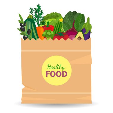 Süpermarket paket taze ürünleri, ekmek, sebze dolu. Gıda paket düz renk stili ile doğal ve organik gıda ile alışveriş