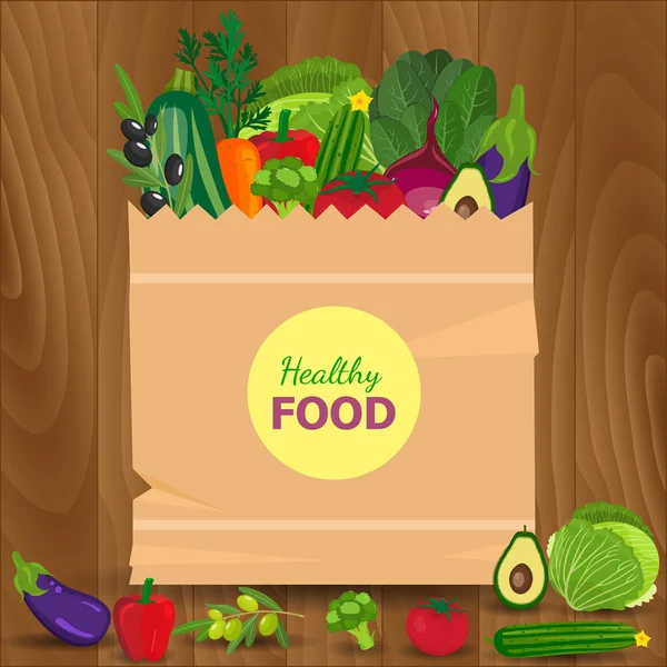 Supermarket paket plný čerstvých výrobků, chleba, zelenina. Paket s přírodní a organické potraviny s plochý barevný styl nakupování potravin — Stockový vektor