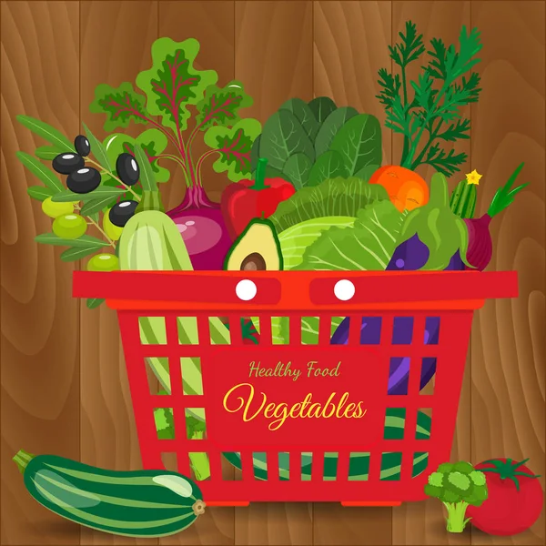 Cesta de supermercado cheia de vegetais frescos. Cesta de compras de alimentos com alimentos naturais e orgânicos com estilo de cor plana —  Vetores de Stock