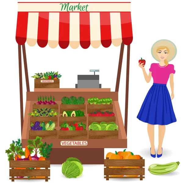 Puesto de verduras local. Campesina mujer producir comerciante . — Vector de stock