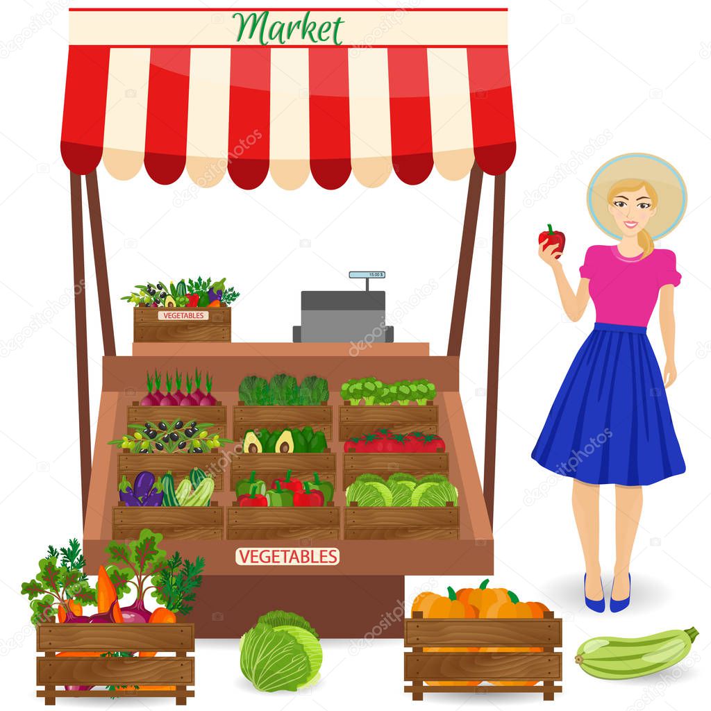 Local vegetable stall. Farmer woman produce shopkeeper.