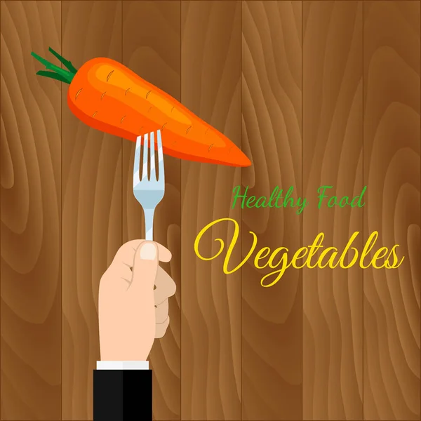 Ruce drží mrkev na vidličku. Pojem zdravé potraviny. Vegetariánské jídlo, Jezte vitamíny. Vektorové ilustrace plochý design. — Stockový vektor