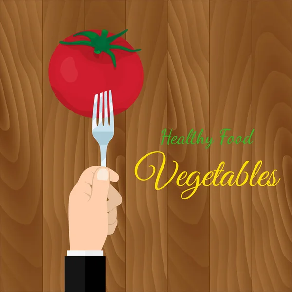 Sostén un tomate en un tenedor. Concepto de comida saludable. Comida vegetariana, come vitaminas. Ilustración vectorial diseño plano . — Vector de stock