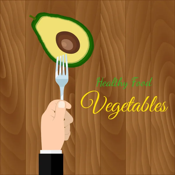 Sostén un aguacate con la mano sobre un tenedor. Concepto de comida saludable. Comida vegetariana, come vitaminas. Ilustración vectorial diseño plano . — Vector de stock