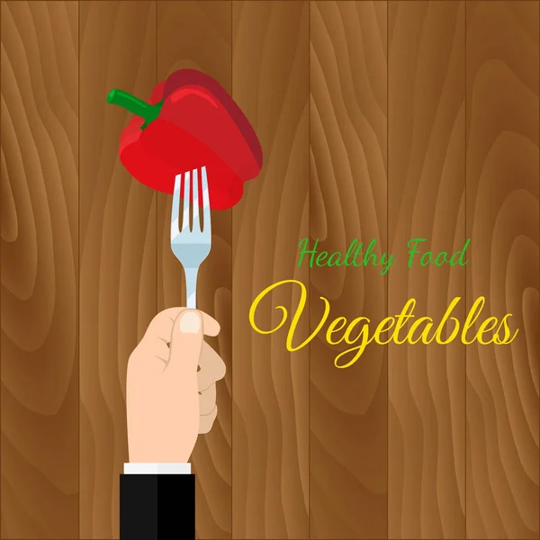 Sostén un pimiento en un tenedor. Concepto de comida saludable. Comida vegetariana, come vitaminas. Ilustración vectorial diseño plano . — Vector de stock