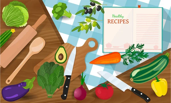 Здорове харчування та смачні рецепти банер з овочами нарізка дошка з ножем та перевіреною скатертиною — стоковий вектор