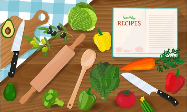 Comida saludable y recetas sabrosas pancarta con verduras una tabla de cortar con cuchillo y mantel a cuadros — Vector de stock