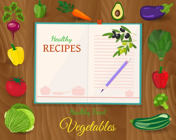 Sağlıklı beslenme ve lezzetli yemek tarifleri afiş sebze ile. vektör. düz stil — Stok Vektör
