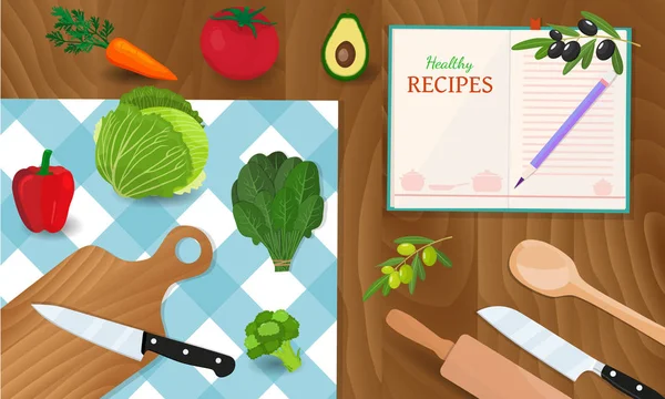 Sağlıklı beslenme ve lezzetli yemek tarifleri ile sebze doğrama tahtası bıçakla afiş ve masa örtüsü kontrol — Stok Vektör