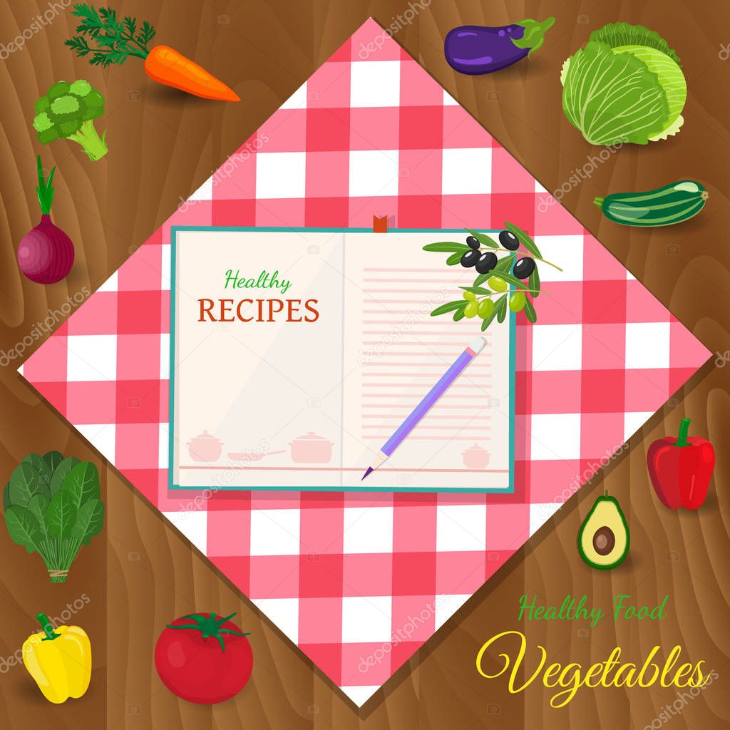 Healthy eating and tasty recipes banner with vegetables and checked tablecloth vector. flat style