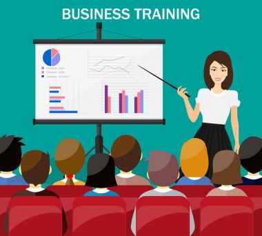 Sunu grafikleri bir beyaz tahta üzerinde açıklayan iş kadını. Düz stil vektör çizim