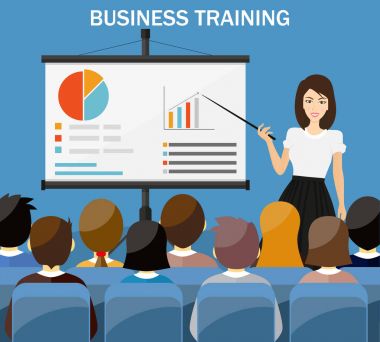 Sunu grafikleri bir beyaz tahta üzerinde açıklayan iş kadını. Düz stil vektör çizim