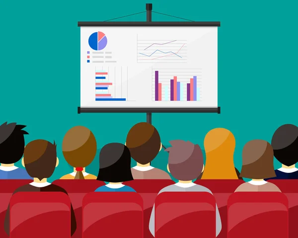 Tela do projetor com relatório financeiro. Pessoal de formação, reunião, relatório, escola de negócios . —  Vetores de Stock