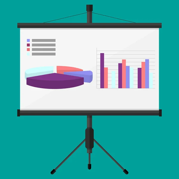 Projektionswand mit Geschäftspräsentation. Diagrammkuchen, Finanzbericht. Vektor-Illustration im flachen Stil — Stockvektor