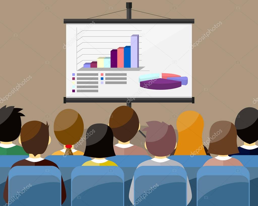 projector screen with financial report. Training staff, meeting, report, business school.