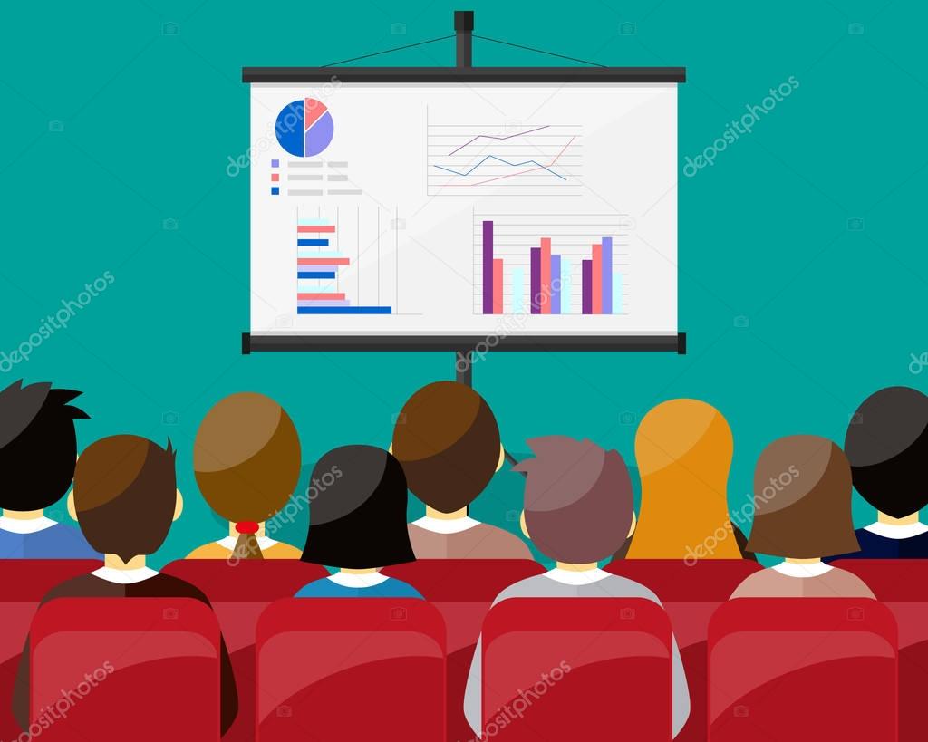 projector screen with financial report. Training staff, meeting, report, business school.