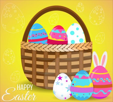 Sepet dolu renkli Paskalya yumurta düz tasarımı, vektör