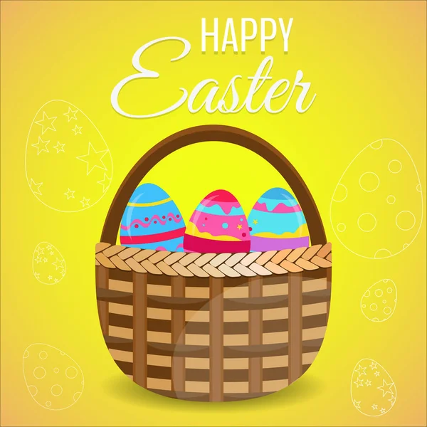 Cesto pieno di uova di Pasqua colorate di design piatto, in vettore — Vettoriale Stock