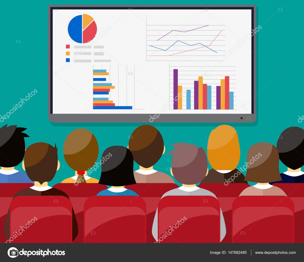 Stockillustratie van Groot tvscherm met de grafiek taart doen presentatie om andere mensen uit