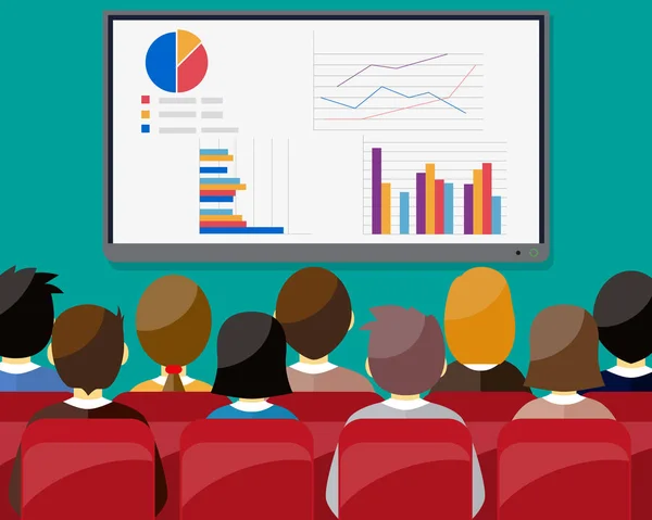 Grafik pasta ile büyük tv ekranı sunum diğer iş adamları var. Eğitim personeli, Toplantı, rapor, İş Okulu. düz stil vektör çizim — Stok Vektör