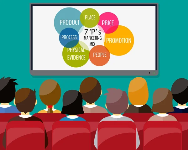 Ecran tv mare cu plăcintă diagramă face prezentare altor oameni de afaceri. Formare personal, întâlnire, raport, școală de afaceri. ilustrație vectorială în stil plat — Vector de stoc