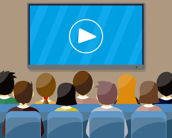 Geschäftsleute sitzen auf Stuhl und großer schwarzer Leinwand mit Play-Taste. Kino, Business-Videopräsentation, betriebliche Schulungskonzepte. Illustration im flachen Stil — Stockvektor