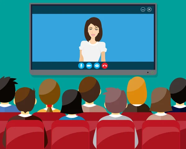 Concepto de videoconferencia. Habitación con sillas y multitud, gran pantalla digital. El director se comunica con el personal. Reunión en línea, videollamada, webinar o capacitación. ilustración en estilo plano — Vector de stock