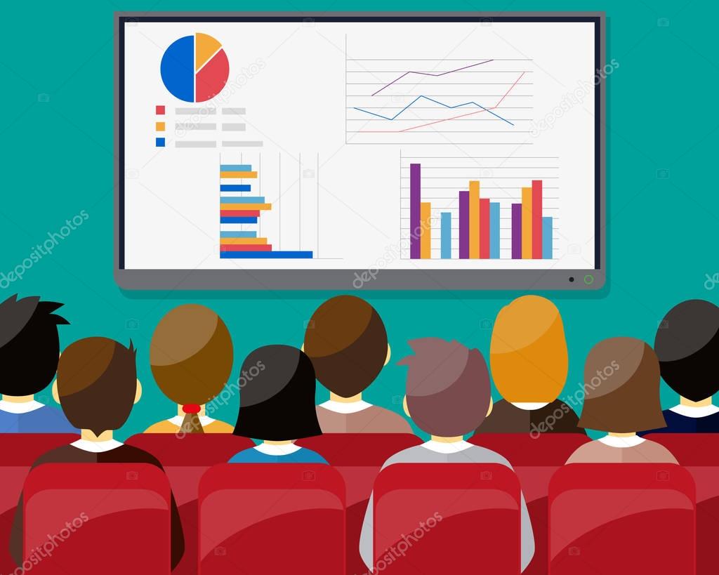 large tv screen with chart pie do presentation to other business people. Training staff, meeting, report, business school. vector illustration in flat style
