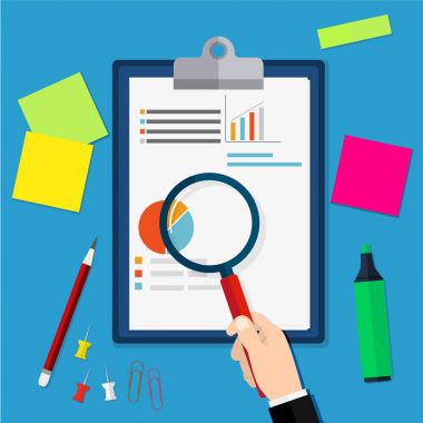 El Büyüteç, mali rapor analizi ile. Finansal denetim kavramı. Denetim vergi işlemi. vektör çizim düz tasarım.