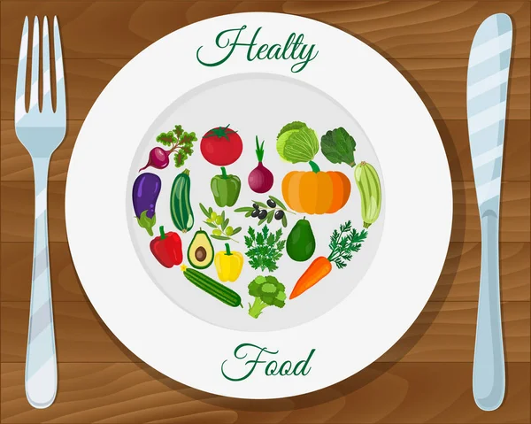 Coração saudável com conceito de dieta alimentar saudável. Ilustração vetorial em estilo plano — Vetor de Stock
