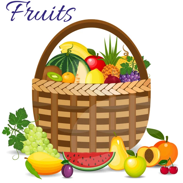 Panier avec fruits isolés sur blanc. Illustration vectorielle . — Image vectorielle