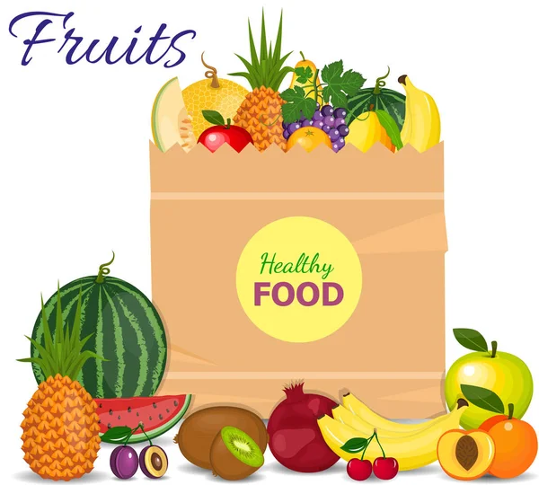 В супермаркете полно свежих фруктов. Пакет продуктов питания с натуральными и органическими продуктами питания с плоским цветом — стоковый вектор