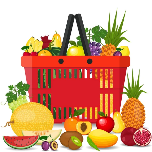 Panier de supermarché plein de fruits frais. Panier alimentaire avec des aliments naturels et biologiques. Ensemble vectoriel panier supermarché avec fruits — Image vectorielle