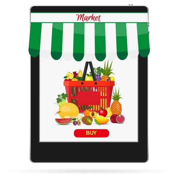 Παραγγελία φαγητού. Αγοράστε τώρα, κουμπί παραγγελία τροφίμων. Ψώνια online τροφίμων. E-commerce έννοια. — Διανυσματικό Αρχείο