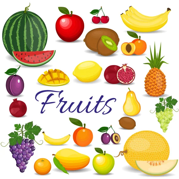 Conjunto de coloridas frutas de dibujos animados. Conjunto de frutas frescas y saludables . — Archivo Imágenes Vectoriales