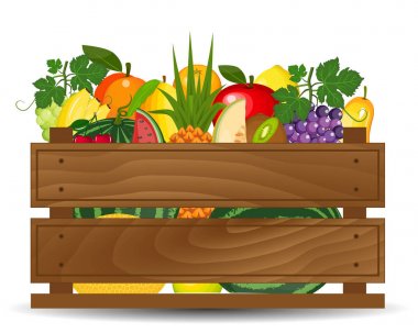 Taze meyve kutusu resimde. Sağlıklı meyve ve vejetaryen gıda afiş. Taze organik gıda, sağlıklı yeme