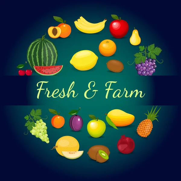 Frutas saludables y pancartas de comida vegetariana en pizarra verde. Alimentos orgánicos frescos, fondo de vector de alimentación saludable con lugar para el texto . — Vector de stock