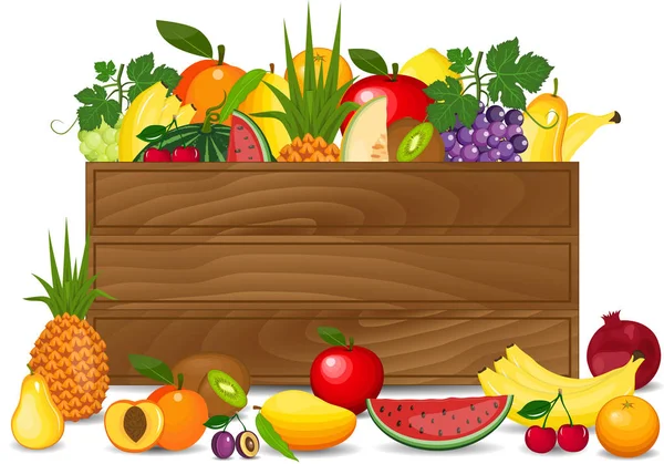 Färsk frukt i en box illustration. Friska frukter och vegetarisk mat banners. Färsk ekologisk mat, friska äter — Stock vektor