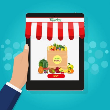 Mobil tablet tutarak ve ekran dokunaklı el. Yiyecek sipariş. Şimdi, yemek sipariş düğmesini satın alın. Online alışverişe. E-ticaret kavramı.