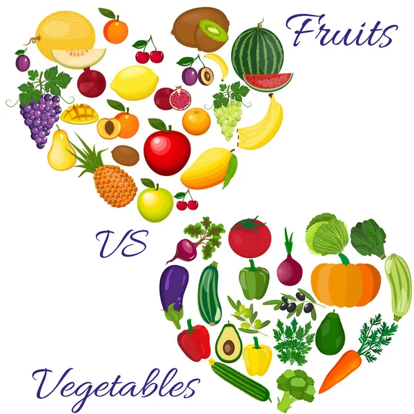 蔬菜和水果的心。生态食品菜单背景。新鲜的有机食品，健康饮食 — 图库矢量图片