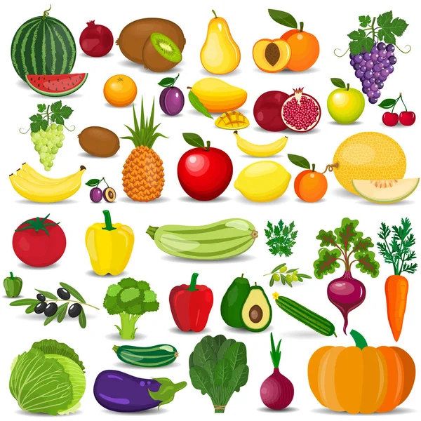 Conjunto de verduras y frutas. Alimentos orgánicos frescos, alimentación saludable — Vector de stock